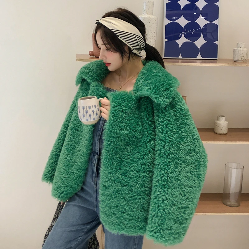 Ins style, Женское зимнее пальто из искусственной овечьей шерсти, корейские милые куртки для девочек, короткая верхняя одежда с отложным воротником, пальто