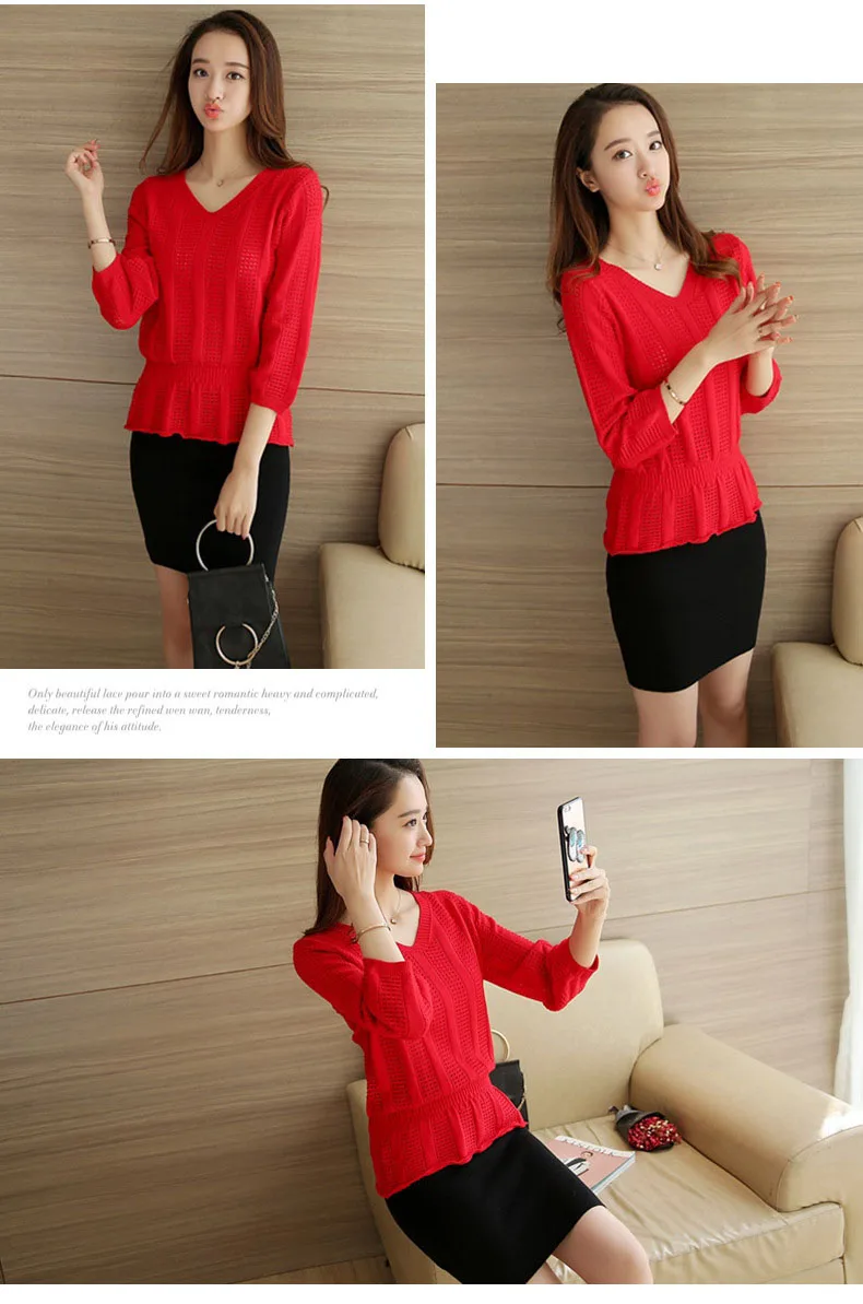 autumn new hollow V-neck sweater women's Korean casual fashion sweater nine-point sleeve thin loose waist bottoming shirt