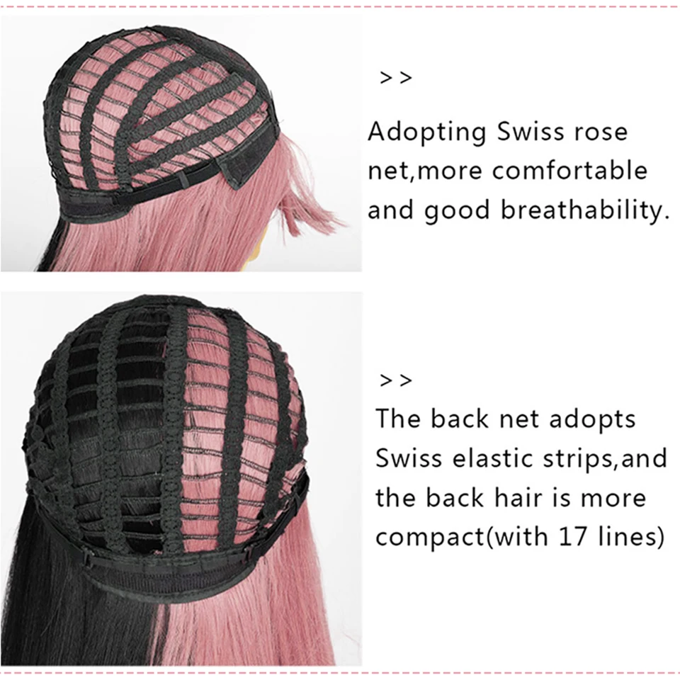 Synthetic Hair Pink and Black Wig Long Straight hair Cosplay Wig Two Tone Ombre Color Women Wigs
