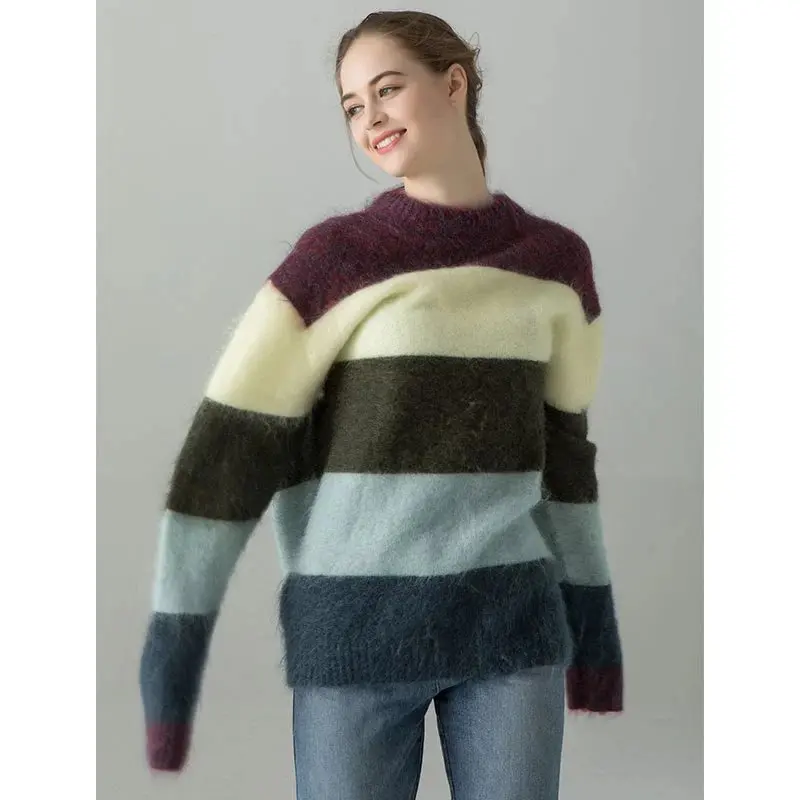 

sweater woman new 2019 big striped long sleeve O-neck mohair women's pullover sweater