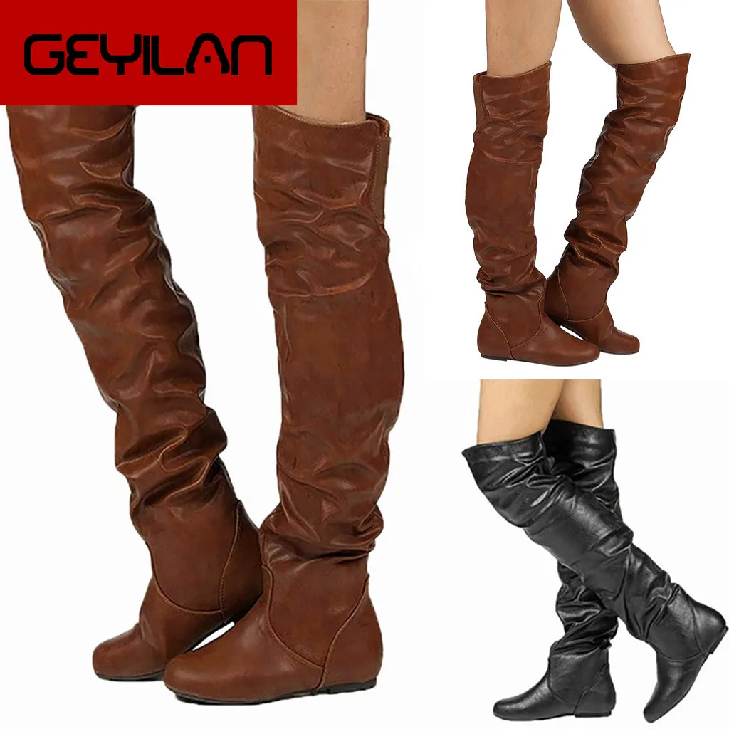

2020 Women Over The Knee High Boots Slip on Winter Shoes Women's Classic Round Toe Low-heeled Over The Knee Western Knight Boots