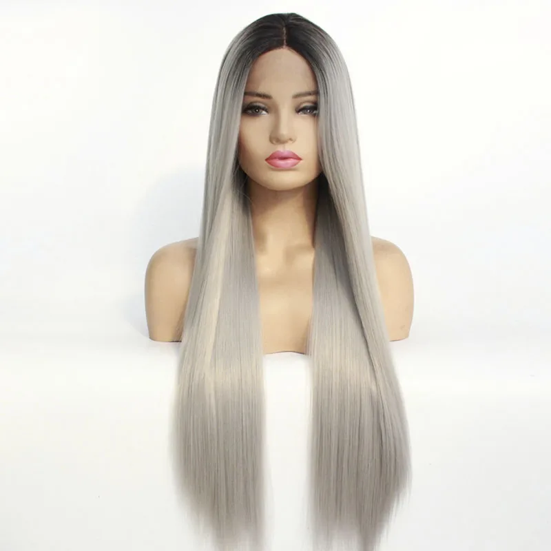 

Natural Long Straight Wig Ombre Silver Grey Heat Resistant Hair Black to Light Gray for Women Synthetic Lace Front Party Wigs