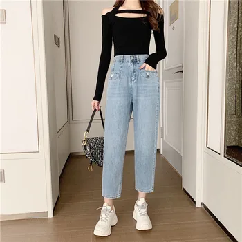 

S-XL 2020 korean chic style women wide leg denim Pants Casual blue high waist ankle length pants denim jeans female (Z8111