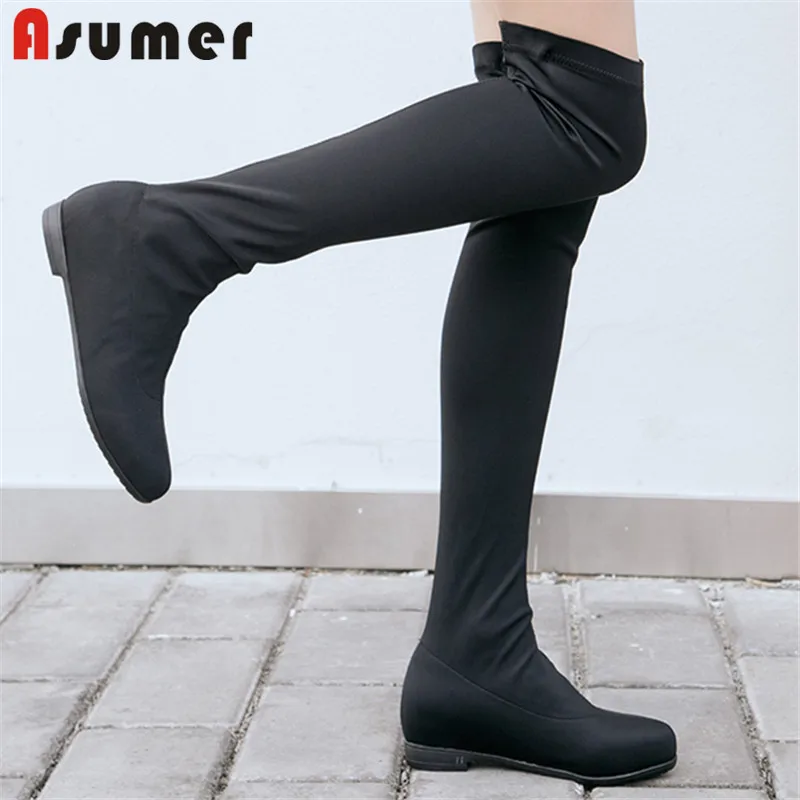ASUMER/Новое поступление года; женские сапоги из эластичной ткани; Сапоги выше колена на плоской подошве; черные модные высокие сапоги до бедра; сезон весна-осень