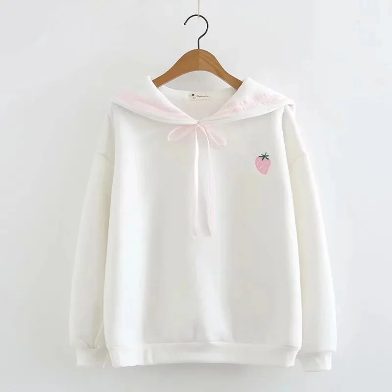 

Kpop Korean Strawberry Embroidery Women Sweatshirt Japanese Kawaii Long Sleeve Pullover Harajuku Sweet School Summer Clothing