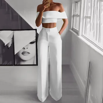 

Two Piece Set Off Shoulder Crop Top Wide Leg Pants Women Sets 2019 Summer Sexy Club Outfit Yellow White Pink Black 2 Piece Suit