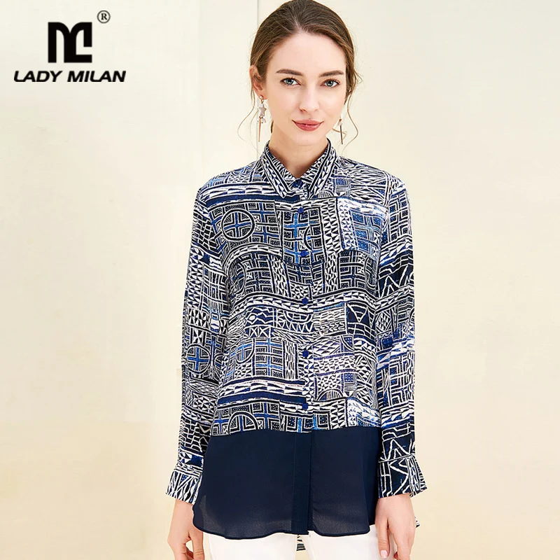 

100% Pure Silk Women's Runway Shirts Turn Down Collar Long Sleeves Printed Fashion Shirts Blouse