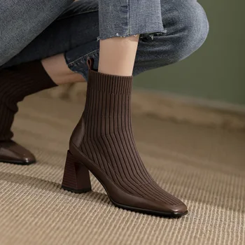 Knitting Stretch Genuine Leather 7cm Thick High Heels Square Toe Slip on Fashion Elegant Dating Cozy Women Boots 2022 New