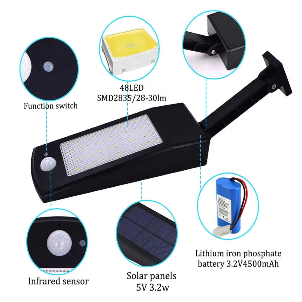 900lm Solar Light Led Night Light Outdoor Waterproof Lighting For Garden Wall 48 leds Four Modes Rotable Pole Solar Lamp Newest