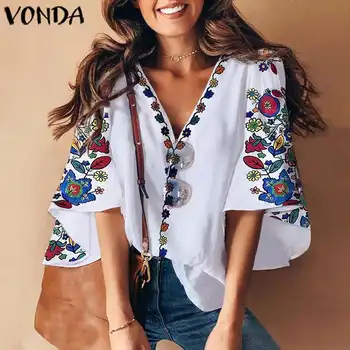 

VONDA Women Floral Print Blouse V Neck Beach Shirts 2020 Summer Tunic Party Tops Office Ladies Casual Blusas Plus Size S-5XL