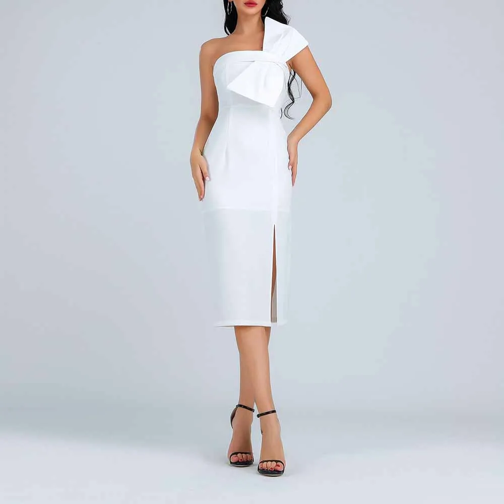 Белый без бретелек рукавов Над коленом бантом Bodycon платье HB6170-White