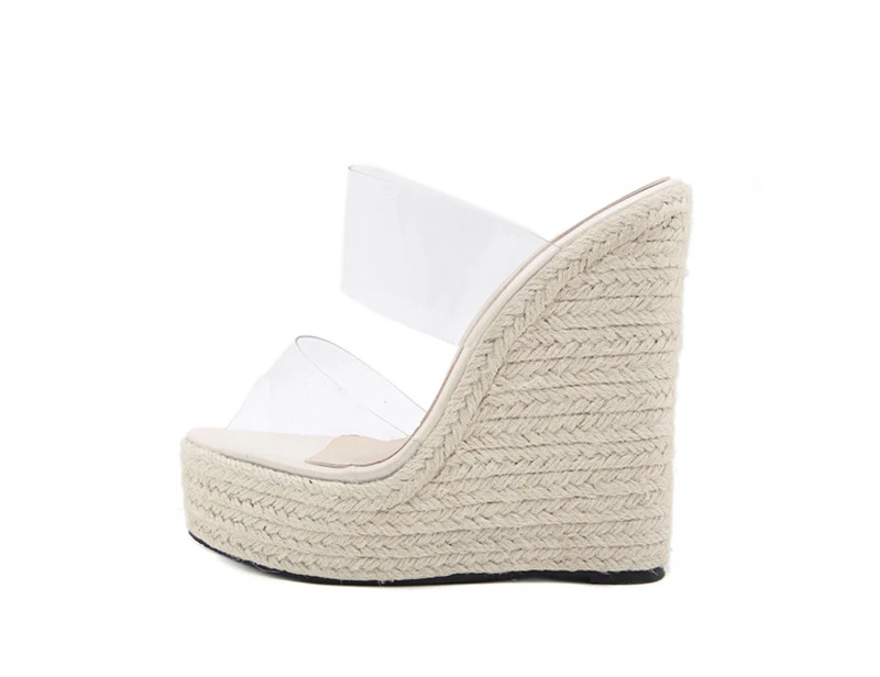 Summer PVC Transparent Peep Toe Cane Straw Weave Platform Wedges Slippers Sandals Women Fashion High Heels Female Shoes