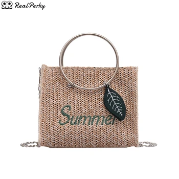 

Women Zipper Shoulder Messenger Bags Female Metal Ring Handle Square Rattan Beach Bags Handbags Ladies Handmade Woven Straw Bags