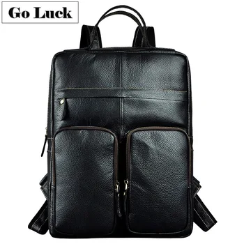 

GO-LUCK Brand Genuine Leather Backpack Men's 15" Laptop Notebook Back Packs Men Casual Travel Double Shoulder Bag