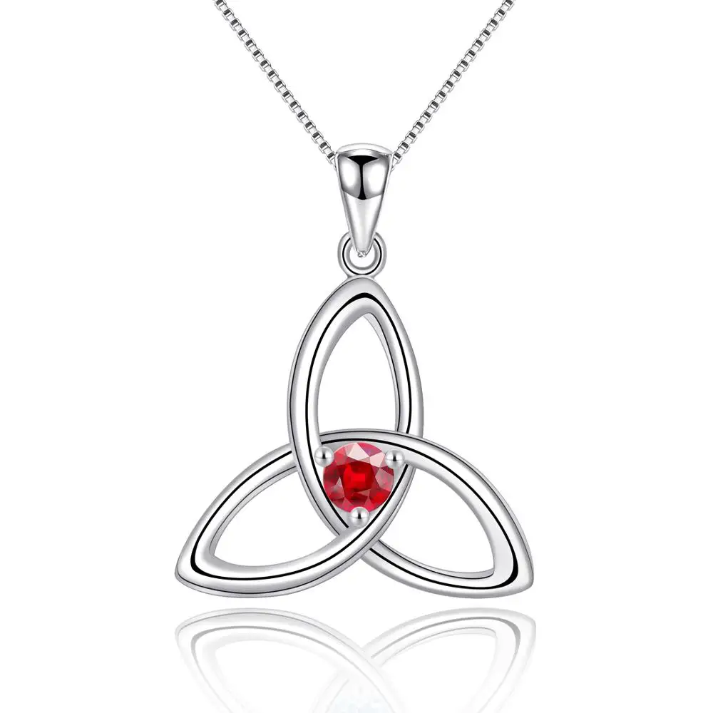 

925 Sterling Silver Lab-created Pigeon Blood Red Ruby Irish Triquetra Knot Pendant Necklace for Women Gemstone Birthday Jewelry