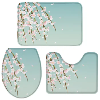 

Twig Flower Branch Bud Pink Asian Cherry Tree Bath Set Toilet Cover Mat Pedestal Rug Non-Slip Bathroom Rug Set