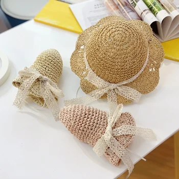 

2020 Cute Child Girls Straw hat Bowknot Sun Hat Kids Large Brim Beach Summer Boater Beach Ribbon Round Flat Top