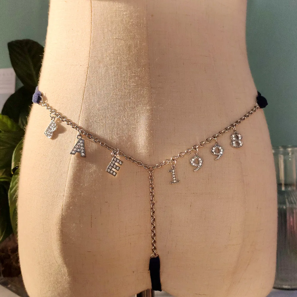 Thong Crystal Letter Waist Chain for Custom Body Jewelry Silver Color Shining Letters Number Year Charm Bikini Belly Chain Belt