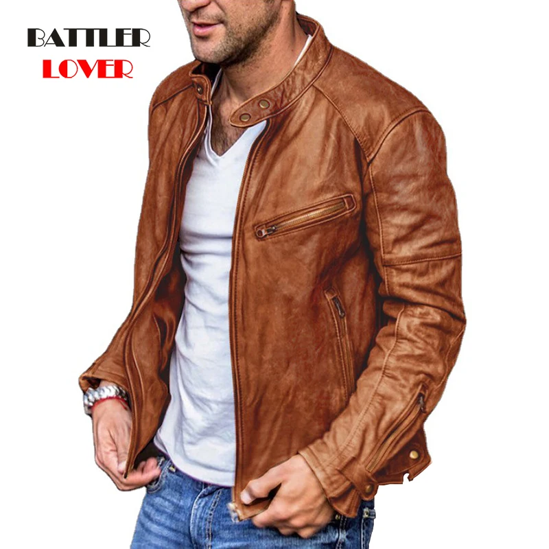 Mens Leather Jacket Winter Warm Motorcycle Coat Cool Slim Fit Autumn Outwear for Male Brand Clothing Fighting Vintage Streetwear