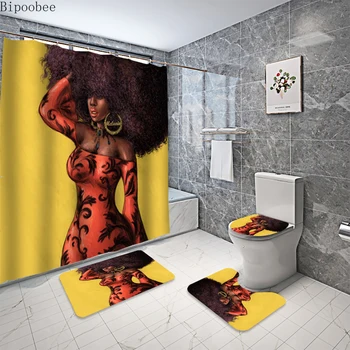 

Bipoobee African Women Fabric Shower Curtain Yellow Bathroom Curtains Set Anti-slip Rug Carpet Toilet Seat Cover Sets Home Decor