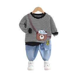 Nova primavera outono crianças roupas do menino do bebê meninas dos desenhos animados t camisa calças 2 pçs/sets infantil traje da criança listrado