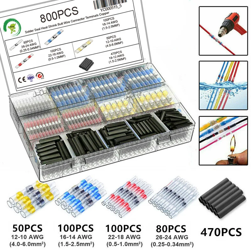 300/600/800Pcs Solder Seal Wire Connectors Kit Heat Shrink Butt Waterproof and Insulated Electrical Terminals | Обустройство дома