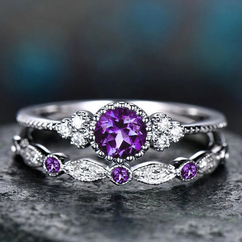Purple 2 шт./компл. женские роскошные синие фиолетовый камень Кристальные кольца серебристого цвета Свадебные обручальные кольца ювелирные изделия Прямая - Цвет основного камня: Purple