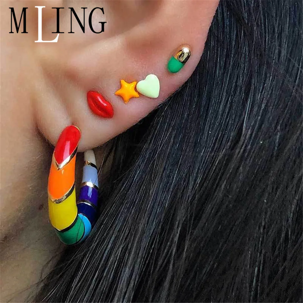 Винтажные красочные серьги MLING из сплава модные круглые в форме звезды сердца
