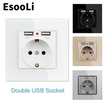 

EsooLi USB Wall Socket EU Power Outlet White Crystal Glass Panel Dual USB Charging Port 2.1A 16A Russia Spain