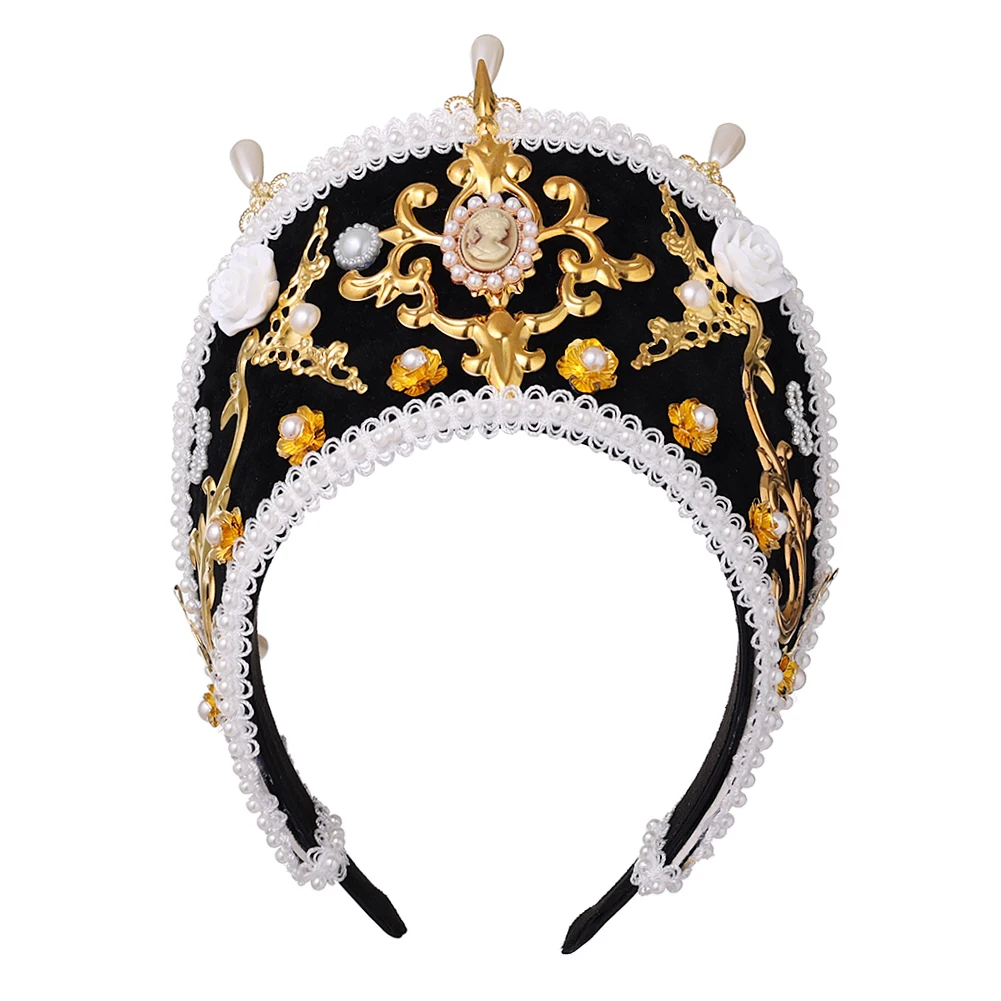 Rinascimentale Donne Tiara Cappuccio Coronet Gothic Tudor Corona Copricapo Accessori Cosplay Fascia Nera Francese Reale