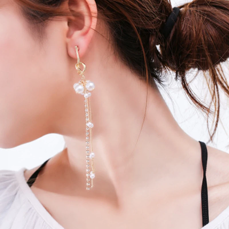 

Europe and the United States face thin super temperament tassel pearl geometry shaped ear pierced long ear clips wild earrings