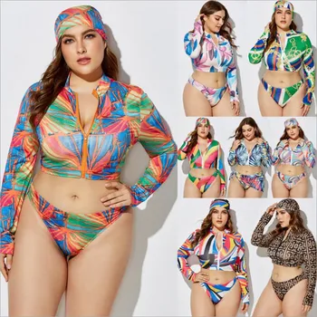

Sexy Women's High Waist Three-Piece Swimsuit Printing Long Sleeve Split Beachwear Brazilian Plus Size 5XL Bandage Swimwear Bikin