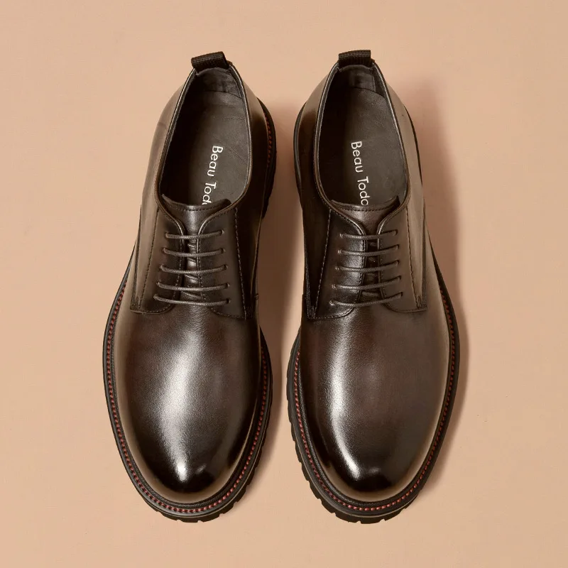 Men Derby Shoes Calfskin Leather Waxing Round Toe Lace-Up Platform Gentleman Business Dress Shoes Handmade 55503