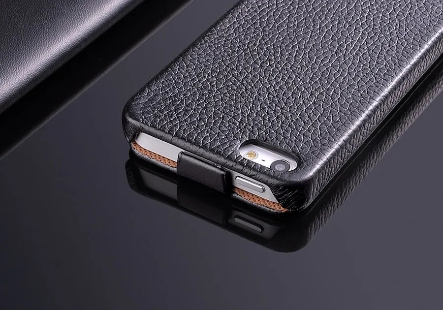 Premium Genuine Leather Vertical Flip Case with Screen Protector - Litchi Texture