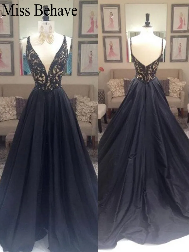 

DD JYOY Black Evening Dress for Women with Train Open Back Elegant Long Formal Dress Eveing Gown Party Lace Body V Neck