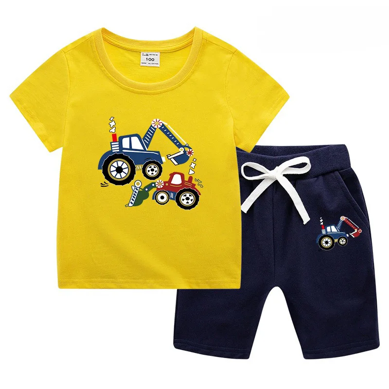 Yellow-navy Комплект для малышей, комплект новой летней детской костюм хлопок футболка с короткими рукавами+ спортивные Шорты с героями мультфильмов спортивный костюм для мальчиков, девочек - Цвет: Yellow-navy