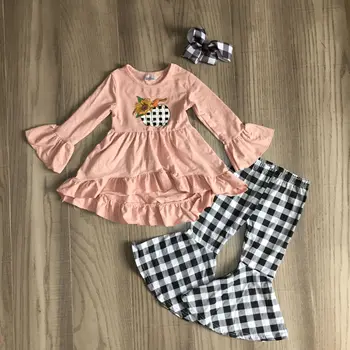 

baby Girl Halloween clothes girls sunflower pumpkin dress kids plaid bell bottom pants children fall set with bow
