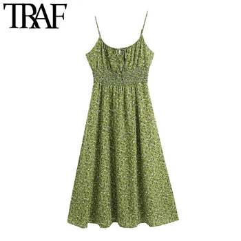 

TRAF Women Chic Fashion Floral Print Pleated Midi Dress Vintage Tied V Neck Spaghetti Strap Female Dresses Vestidos