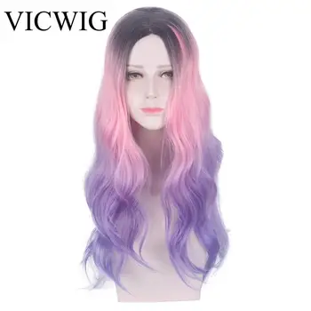 

30Inch Cosplay Wig Middle Part Synthetic Ombre Long Curly Big Wave Hair Pink Purple Green Blue colorful Gradient for Women