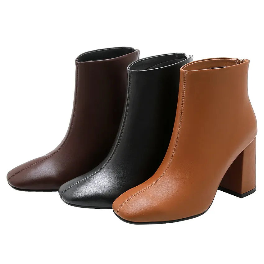 QUTAA PU Leather Ankle Boots Super Square High Heel Women Shoes Zipper Autumn Pointed Toe Motorcycle Casual Big Size 34-43