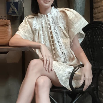 

AELESEEN Runway Fashion Women Lace Dress 2020 High Quality Hollow Out Flower Embroidery Flare Sleeve Party Holiday Mini Dress