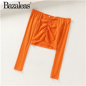 B70 orange 689 Bazaleas тонкий короткий топ с длинными рукавами в стиле панк центр футболка на шнурке Женская Базовая женская укороченная футболка Прямая - Color: B70 orange 689