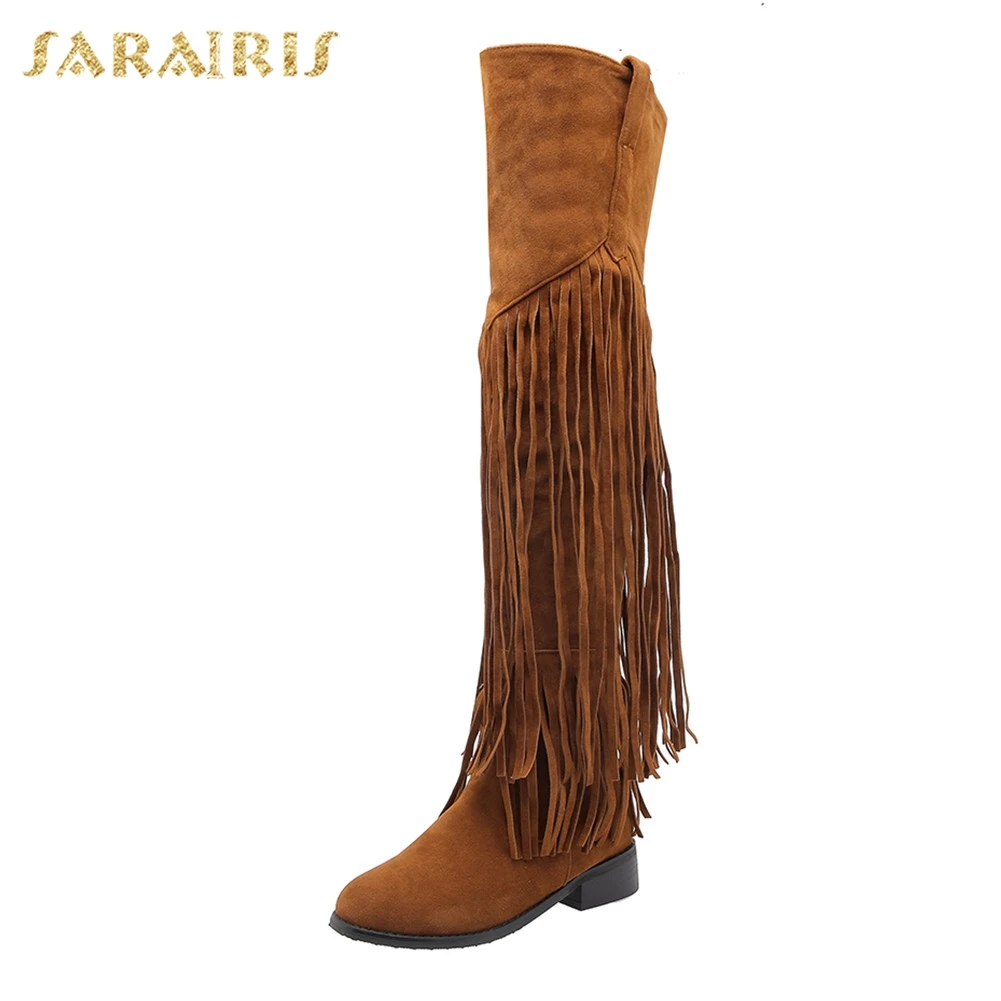 

Sarairis Fashion 2019 Plus Size 32-46 Add Fur Autumn Winter Shoes Woman Boots Fringe Chunky Heels Over The Knee Boots Female