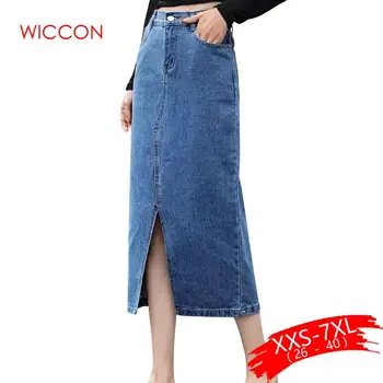 

Women Plus Size Front Split Office Lady Straight Denim Skirts 5Xl 7Xl Spring Summer Mid Long Denim Blue Skirts Mid-Calf Skirts