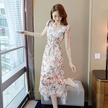 

Loose Casual Brief 2019 Vintage Dress Chffion High Waist V Neck Vestidos Irregular Sleeveless Korean Peint Dresses