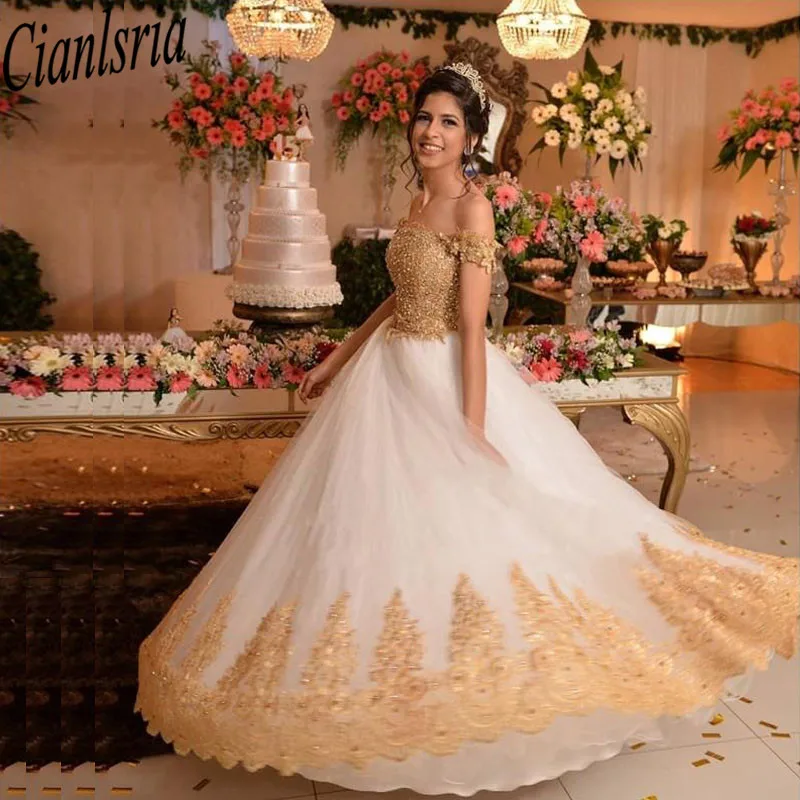 

Charming Ivory Tulle Gold Lace Wedding Dresss Boat Neck Bead Floor Length A Line Bridal Gowns