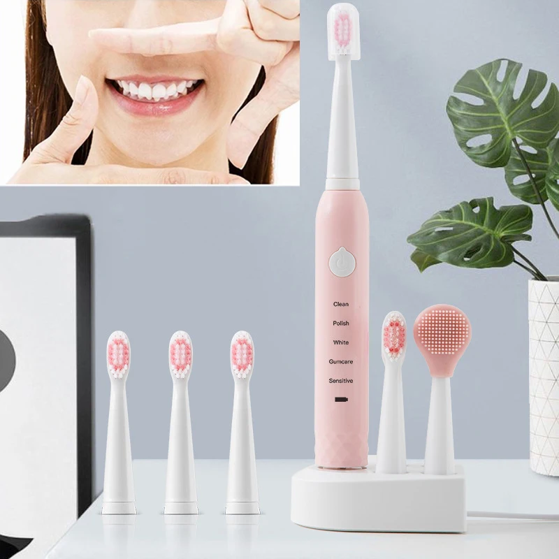 

5 in 1 Pink, green sonic electric toothbrush ultrasonic automatic smart toothbrush charging waterproof and portable