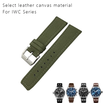 

22mm Weaving Canvas Italian Cowhide Watch Strap Needle Buckle Green Watch Band for IWC PILOT PORTUGIESER Mark Series Watch