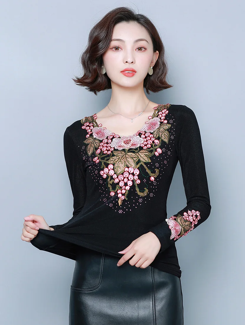 6XL blusas mujer de moda осенние сетчатые Топы с длинным рукавом модные элегантные тонкие женские блузки с цветочной вышивкой Рубашки Плюс топы