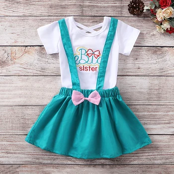 

Breathable Summer Clothes Set Baby Letters Embroidery O-Neck Daily Tops Princess Cute Bowknot Suspenders Skirt Outfits Suit